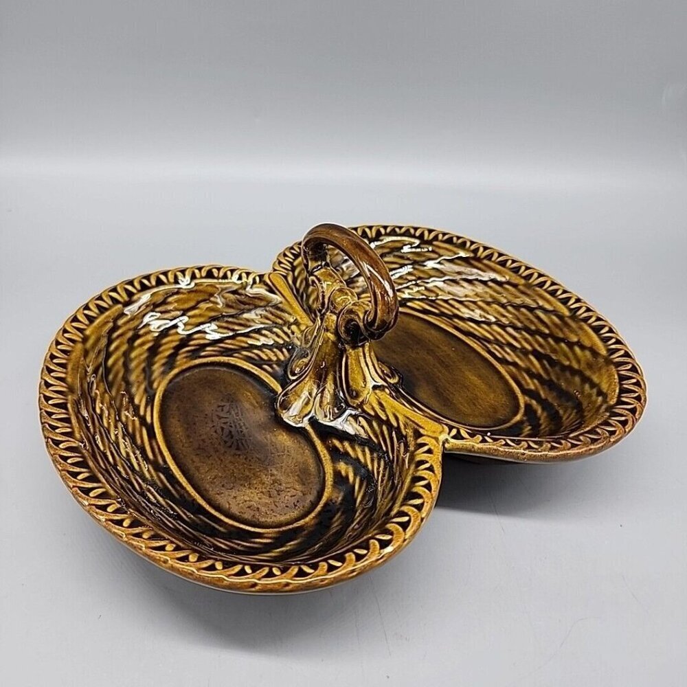 Vintage Divided Nut Candy Bowl Handle Brown Ceramic 1975